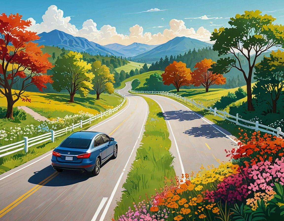An open road represented as a winding path through a vibrant landscape, with icons of various insurance symbols (home, car, health, life) floating above. A diverse group of people standing confidently on the path, discussing and pointing towards a bright horizon that symbolizes peace of mind. The scene is infused with warm sunlight, creating an inviting atmosphere. vector art. vibrant colors. white background.