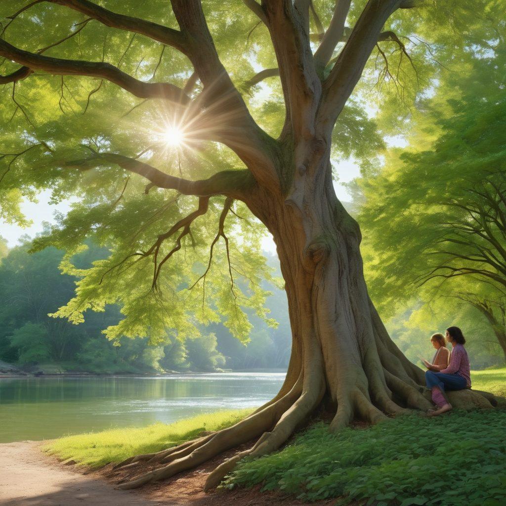 A serene scene depicting a diverse group of people calmly discussing insurance policies under a large, comforting tree. Nearby, a peaceful river symbolizes the flow of claims and benefits. Soft sunlight filters through leaves, creating a warm atmosphere of trust and clarity. The setting should evoke feelings of security and understanding. super-realistic. pastel colors. tranquil background.
